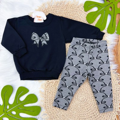 Conj. Casaco de Moletom Laço e Calça Legging Corações - Preto